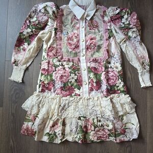 Floral Lace Mini Dress in Cream and Pink